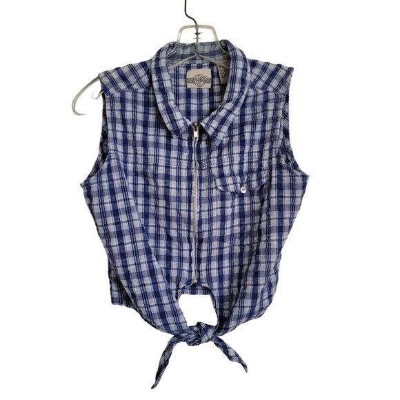 Denim Republic Denim Blue and White Plaid Sleeveless Cropped Zip Closure - Picture 1 of 7